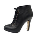 Chanel Boots Short Booties Lace Up Coco Mark Pearl Leather Black — view 3