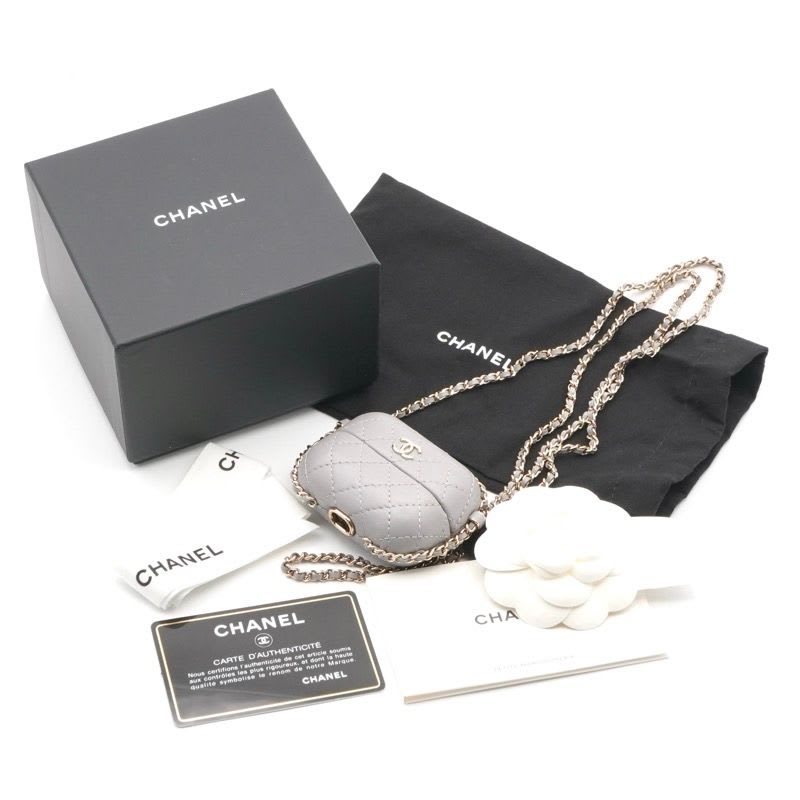 Chanel Airpods Case Charm Lambskin Coco Mark Quilted Chain Gray — view 9