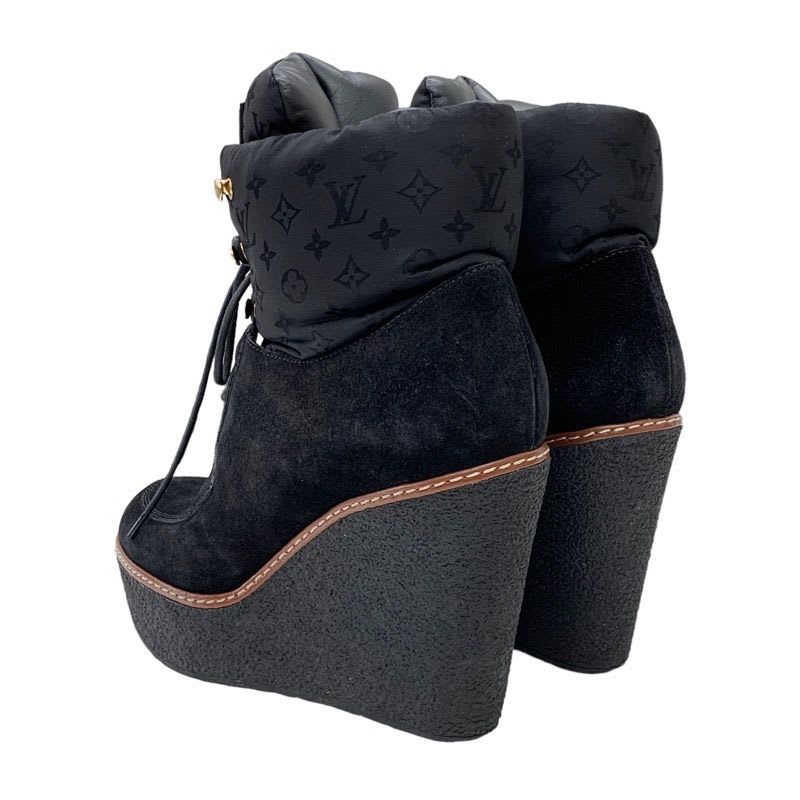 Louis Vuitton Monogram Boots Short Lace Up Wedge Sole Suede Nylon Black — view 4