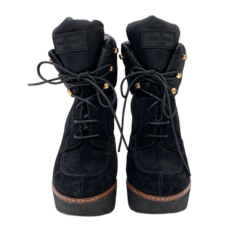 Louis Vuitton Monogram Boots Short Lace Up Wedge Sole Suede Nylon Black — view 2