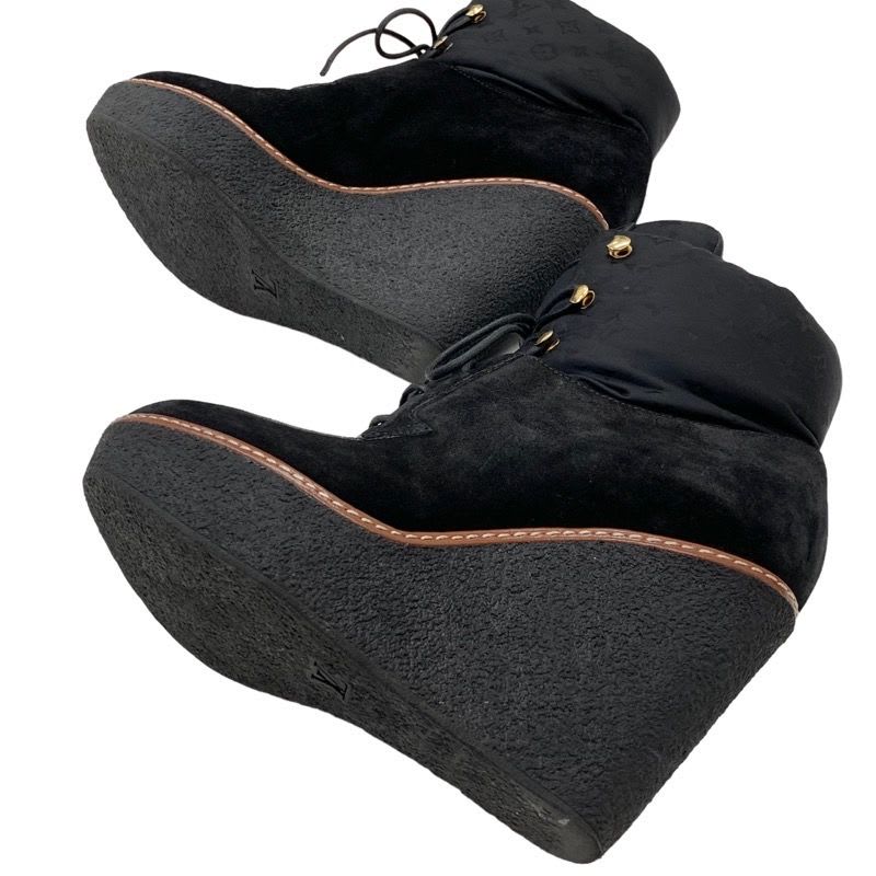 Louis Vuitton Monogram Boots Short Lace Up Wedge Sole Suede Nylon Black — view 6