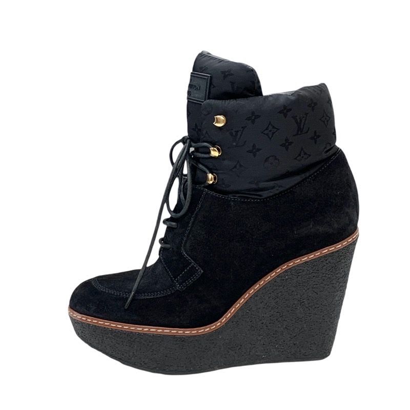 Louis Vuitton Monogram Boots Short Lace Up Wedge Sole Suede Nylon Black — view 3