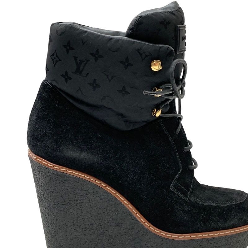 Louis Vuitton Monogram Boots Short Lace Up Wedge Sole Suede Nylon Black — view 9