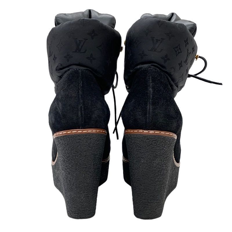 Louis Vuitton Monogram Boots Short Lace Up Wedge Sole Suede Nylon Black — view 5