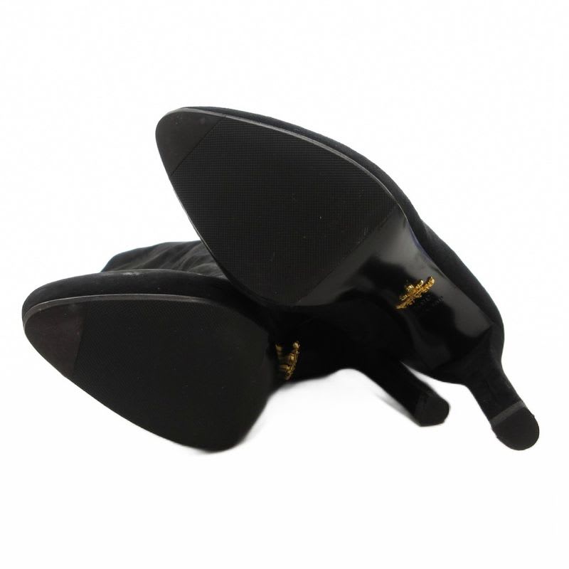 Prada Suede Long Boots High Heels Thick Sole Side Zip 36.5 Black GV GY62 — view 6