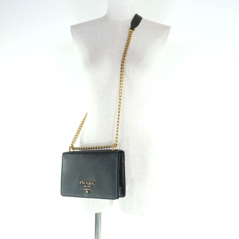 Prada 1 Bd133 Saffiano Leather Mini Bag Metal Logo Chain Shoulder Black
