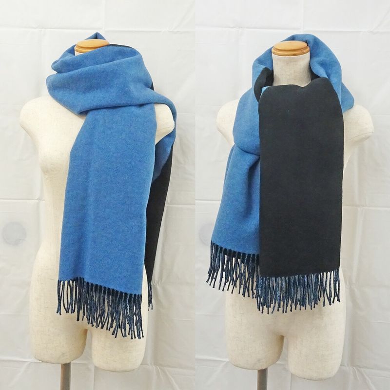 Hermes Muffler Shawl Blue Black 100% Cashmere Large Size Scarf — view 8