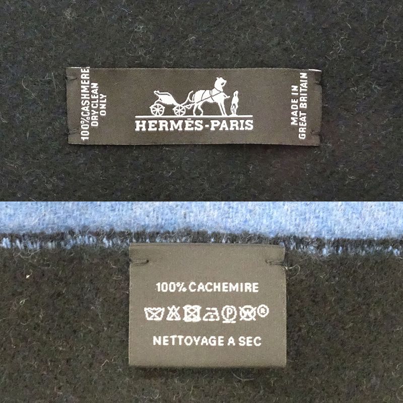 Hermes Muffler Shawl Blue Black 100% Cashmere Large Size Scarf — view 7