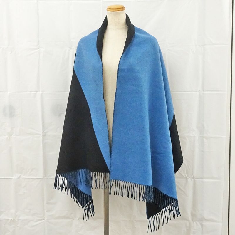 Hermes Muffler Shawl Blue Black 100% Cashmere Large Size Scarf — view 9