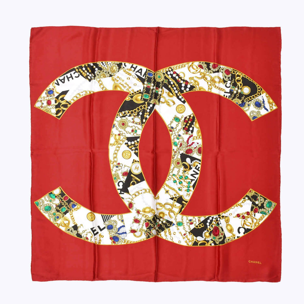 Chanel Scarf Bandana CC Logo Handkerchief 80 Red Silk