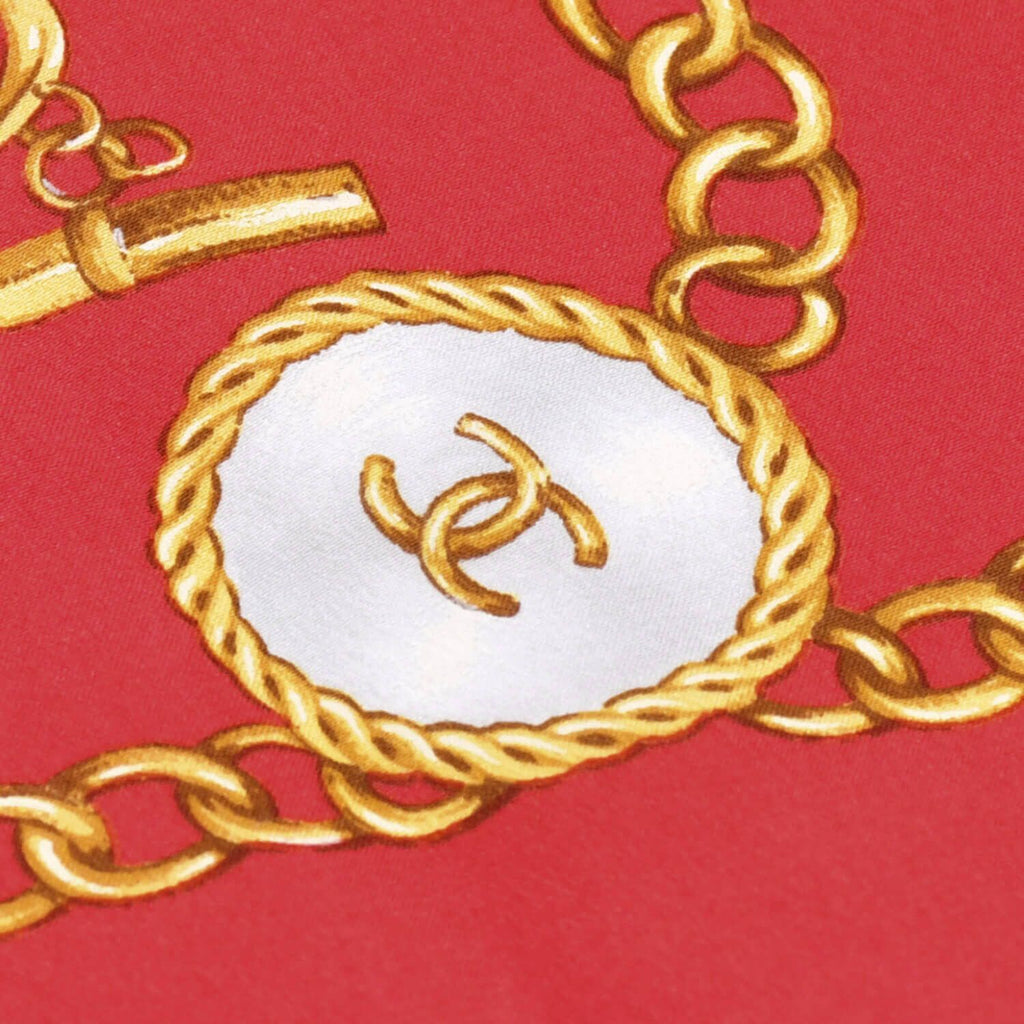 Chanel Scarf Bandana CC Logo Chain Pattern Handkerchief 80 Red Silk — view 3