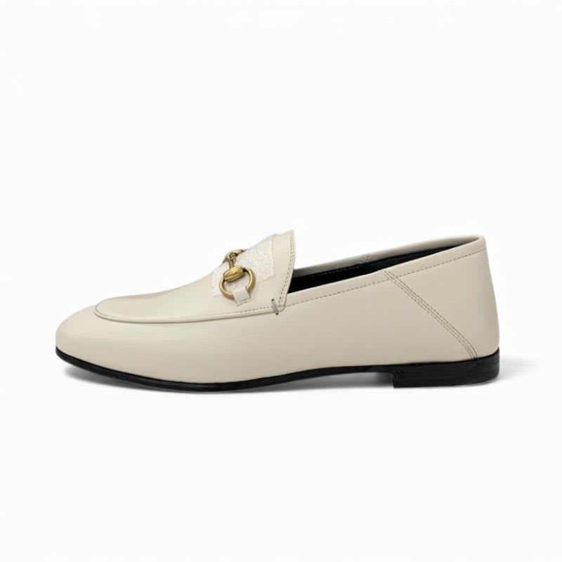 Gucci Loafer Leather Shoes Off White Gold Horsebit Flat — view 3