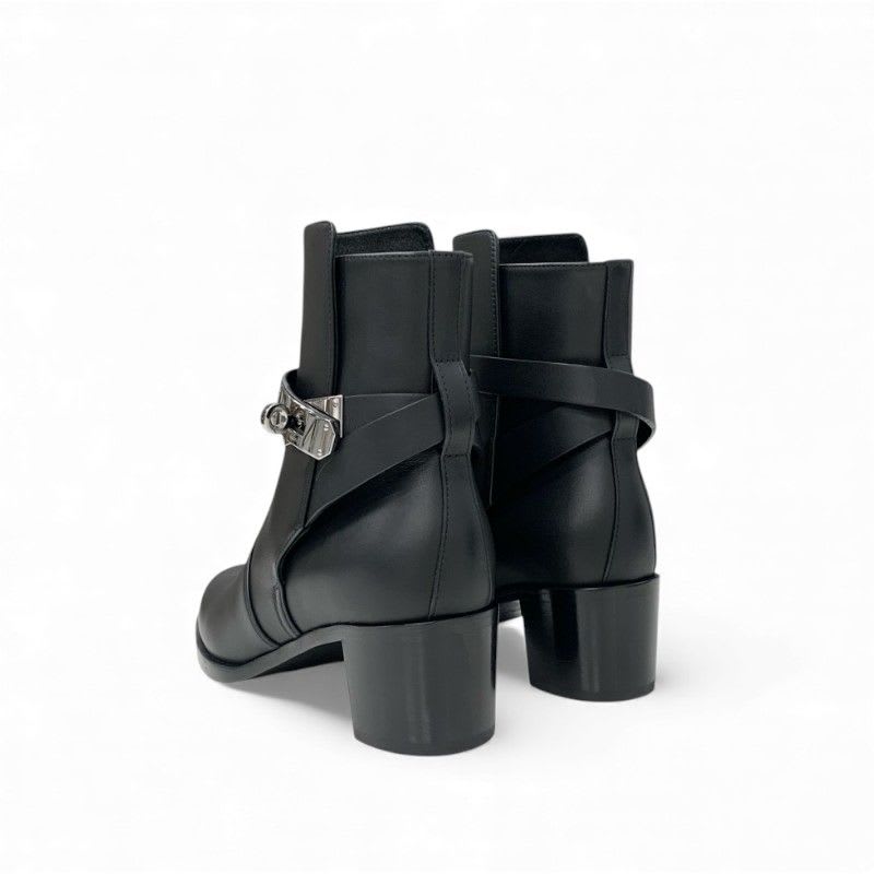 Hermes Frenchie 50 Boots Short Shoes Leather Black Silver Kelly Hardware — view 4
