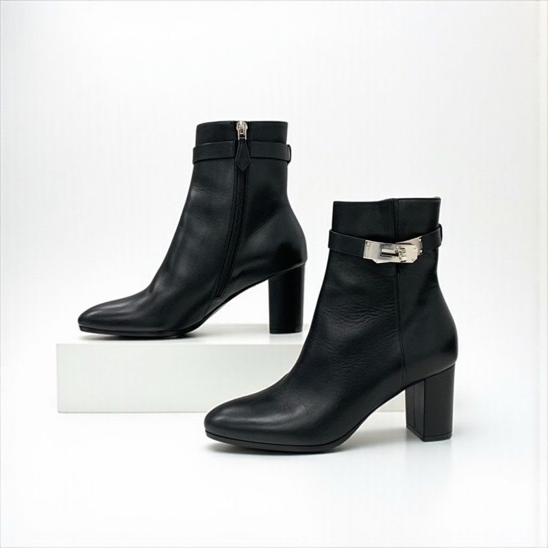 Hermes Saint Germain Boots Short Shoes Leather Black Silver Kelly Hardware — view 4