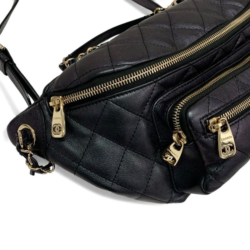 Chanel Bag Waist Pouch Body Caviar Leather Metallic Black Gold