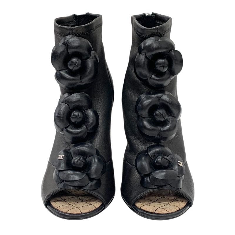 Chanel Boots Short Shoes Leather Black Camellia Coco Mark — view 2