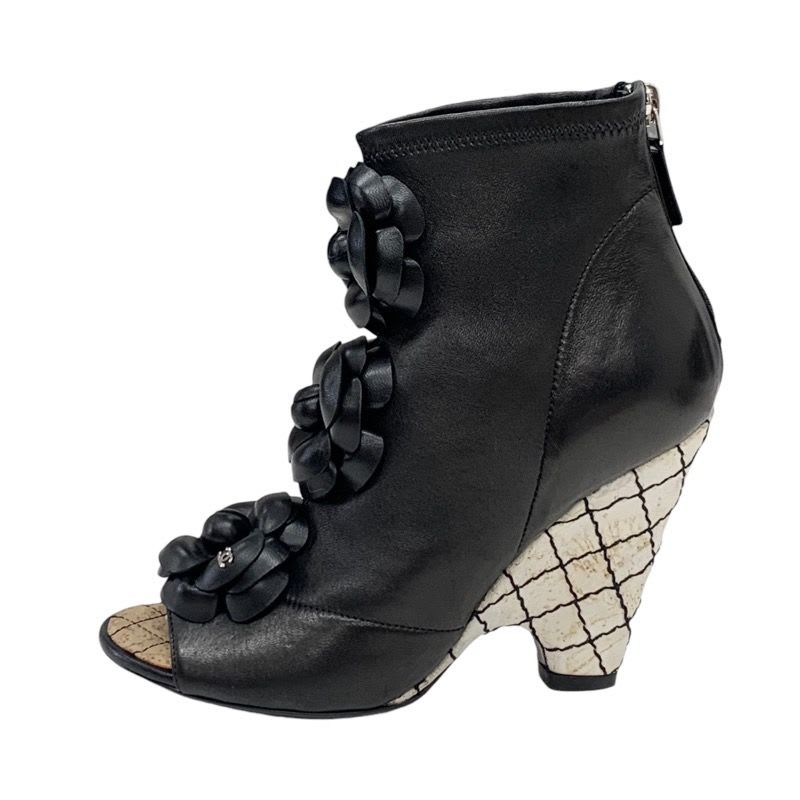 Chanel Boots Short Shoes Leather Black Camellia Coco Mark — view 3