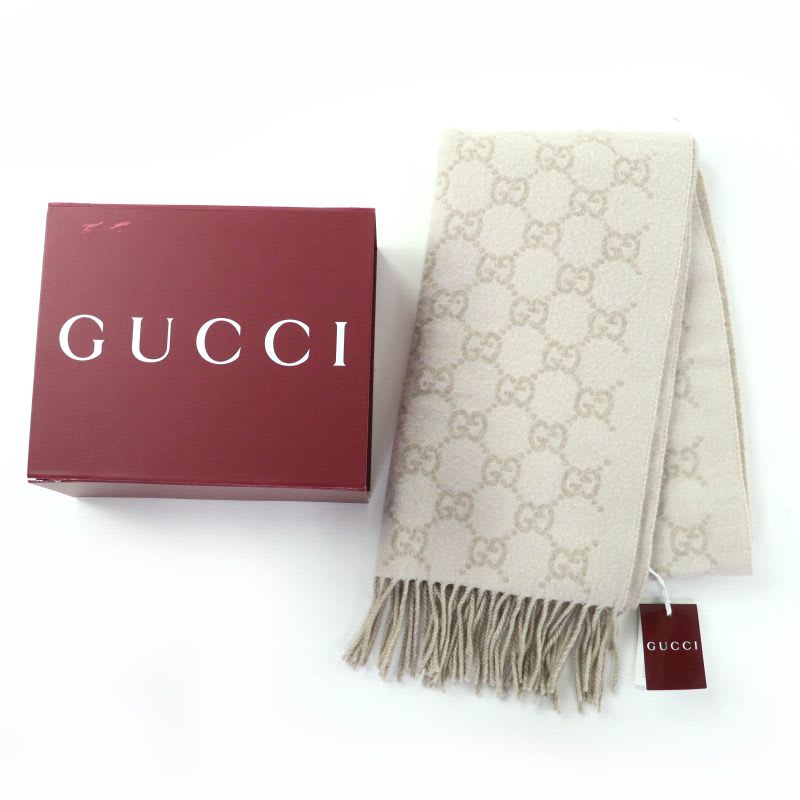 Gucci 100% Cashmere GG Pattern Current Item Muffler Beige 45190 cm Scarf — view 2