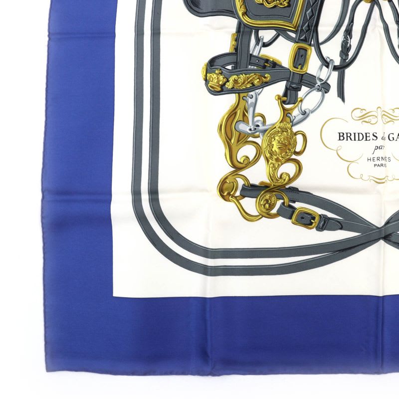 Hermes Carre 90 Brides De GALA Ceremony Bridle 100% Silk Scarf Blue White — view 4