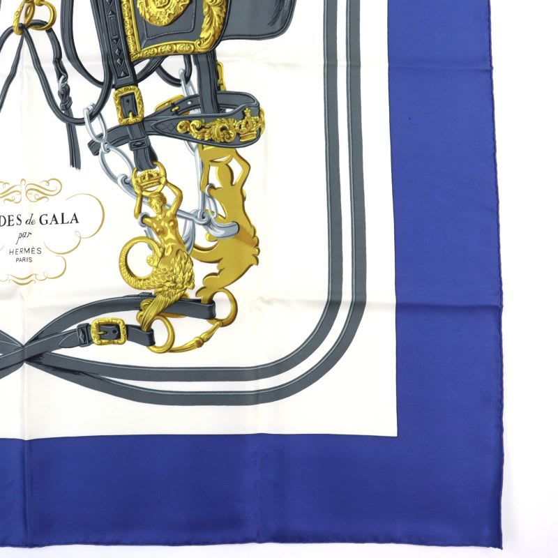 Hermes Carre 90 Brides De GALA Ceremony Bridle 100% Silk Scarf Blue White — view 5