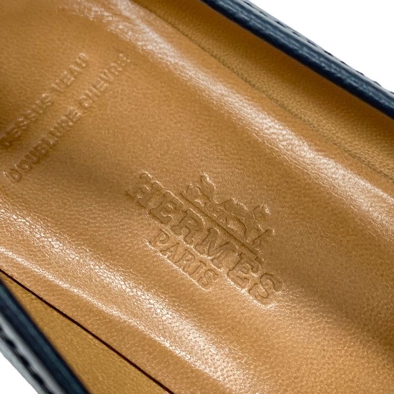 Hermes Loafers Leather Shoes Navy Gold Moccasins Chaine D'ancre — view 7