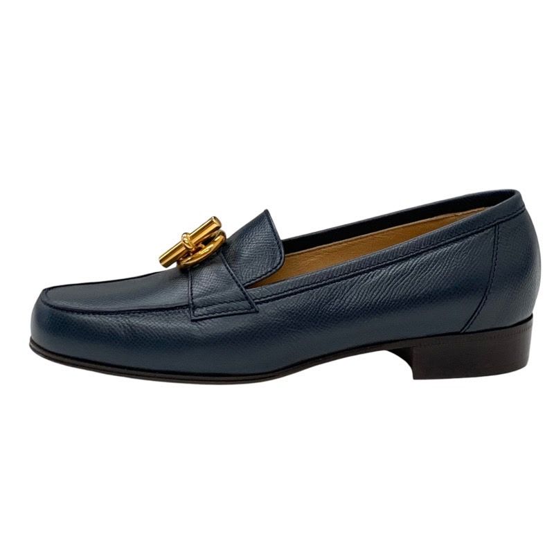 Hermes Loafers Leather Shoes Navy Gold Moccasins Chaine D'ancre — view 5