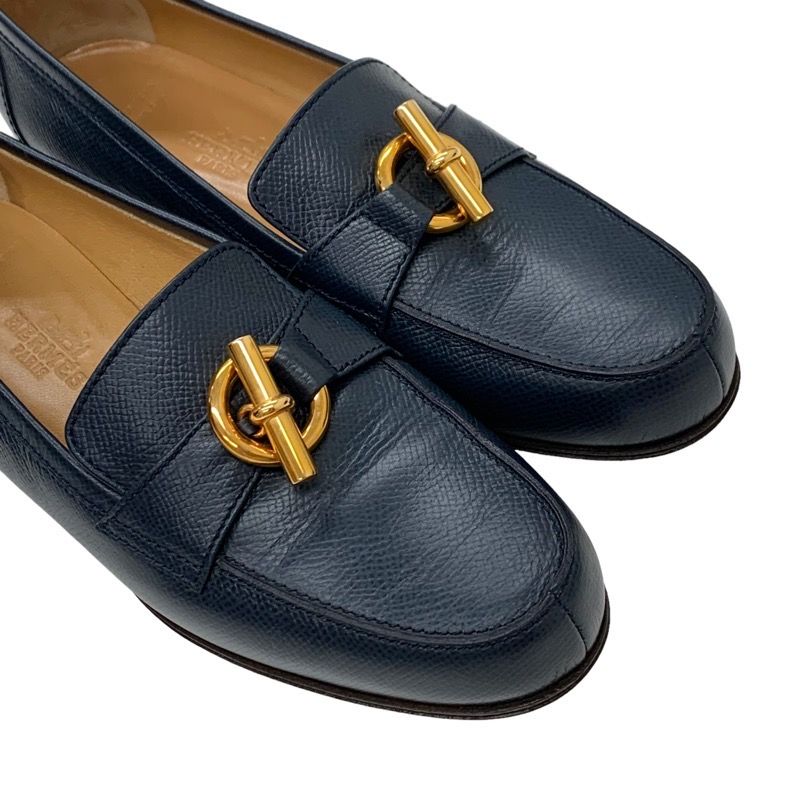 Hermes Loafers Leather Shoes Navy Gold Moccasins Chaine D'ancre — view 3