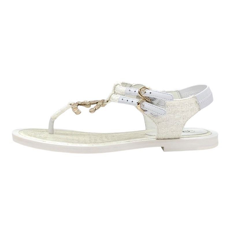 Chanel Sandals Shoes Fabric White Tweed Coco Mark Stone Thong — view 3