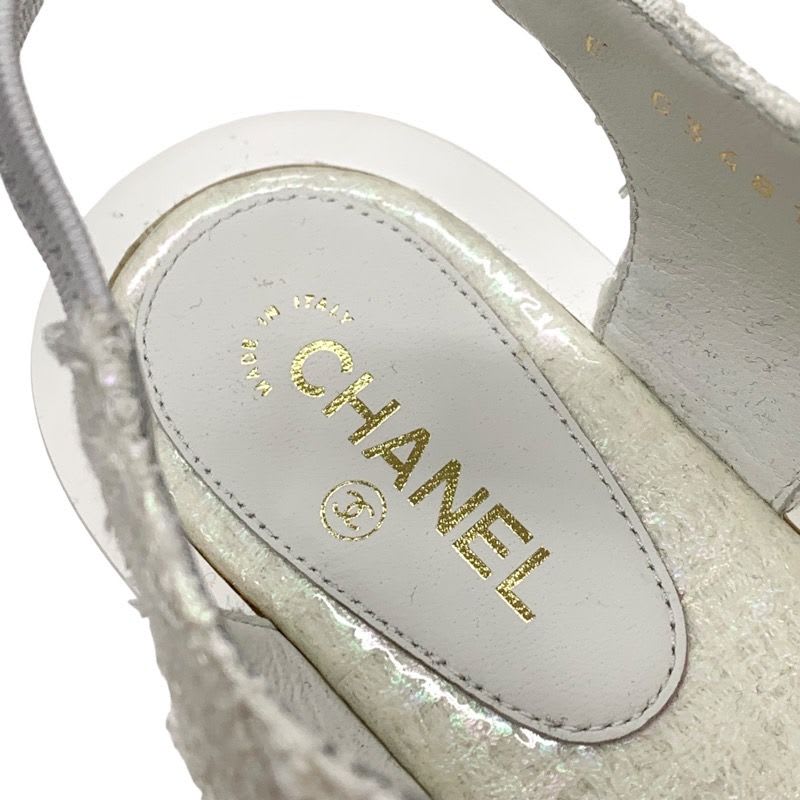 Chanel Sandals Shoes Fabric White Tweed Coco Mark Stone Thong — view 7