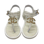 Chanel Sandals Shoes Fabric White Tweed Coco Mark Stone Thong — view 2