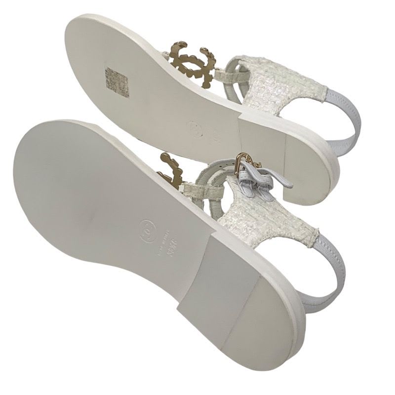 Chanel Sandals Shoes Fabric White Tweed Coco Mark Stone Thong — view 6