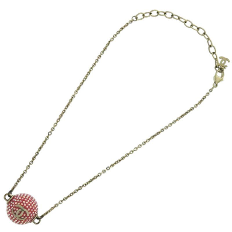 Chanel Coco Mark Mirror Ball Metal Rhinestone Red Necklace 0463 — view 4