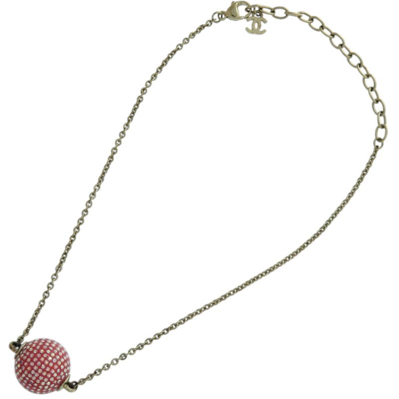 Chanel Coco Mark Mirror Ball Metal Rhinestone Red Necklace 0463 — view 5