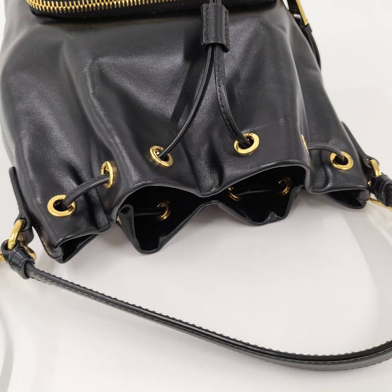 Prada Duet Drawstring Shoulder Bag Leather Black 1 Bh038