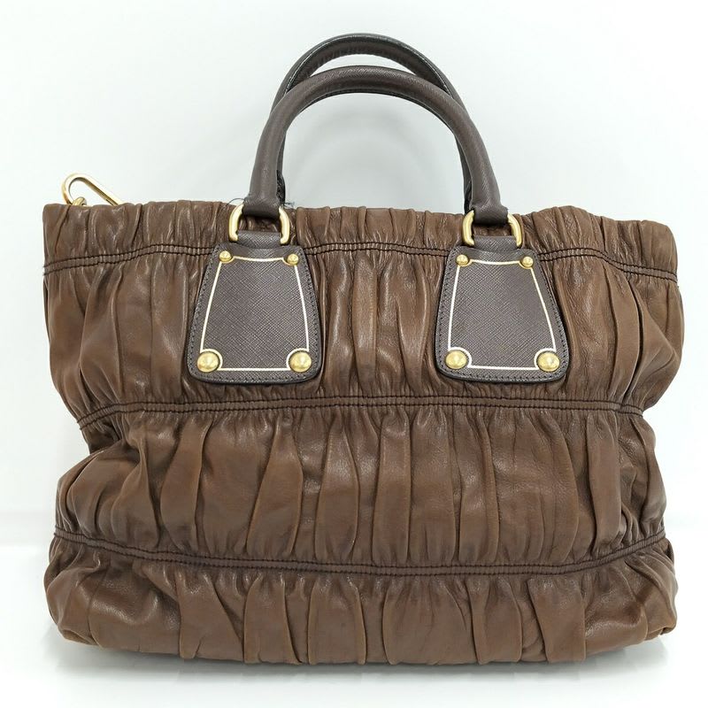 Prada Gathered 2-Way Shoulder Bag Leather Brown