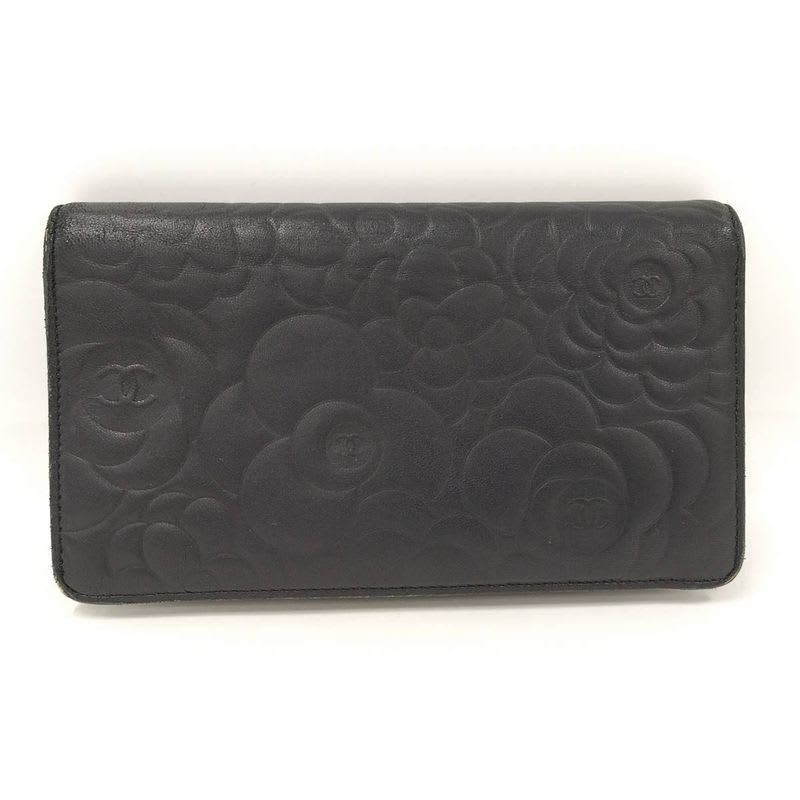 Chanel Camellia Embossed Bifold Long Wallet Leather Black — view 3
