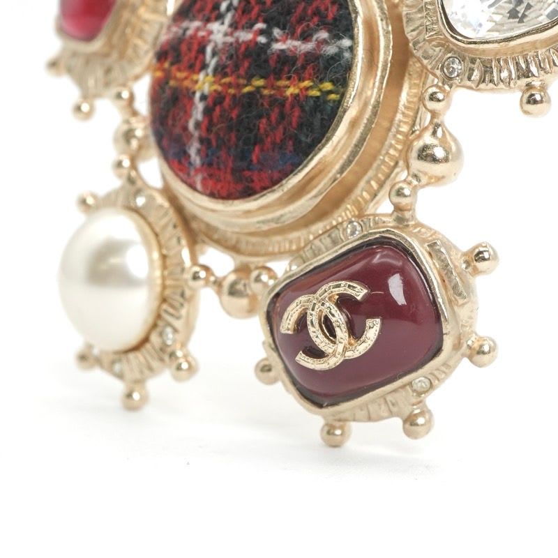 Chanel Brooch Corsage Gold Red Coco Mark Pearl Bijou Tweed — view 7