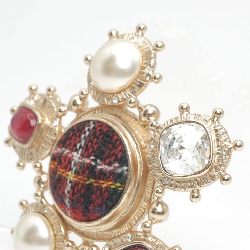 Chanel Brooch Corsage Gold Red Coco Mark Pearl Bijou Tweed — view 6