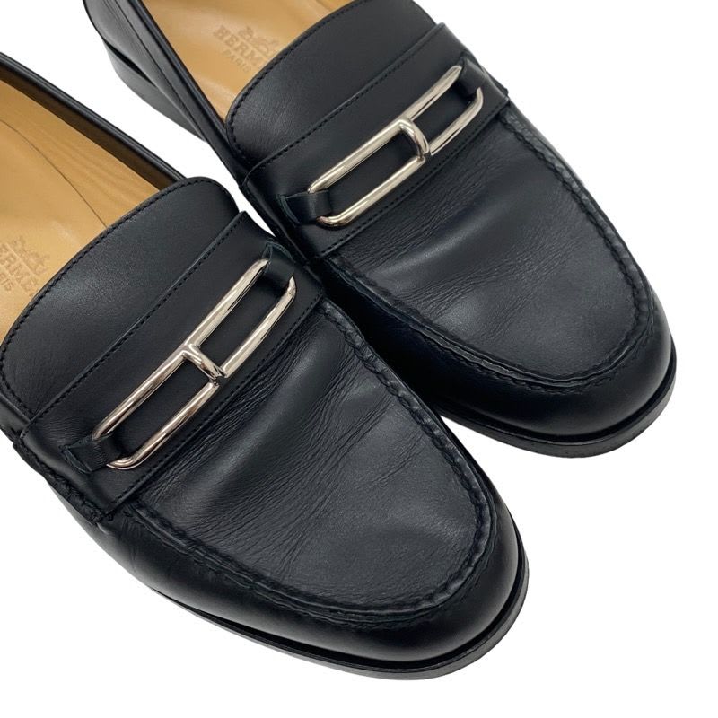 Hermes Colette Loafer Leather Shoes Black Silver Moccasin Flat — view 9