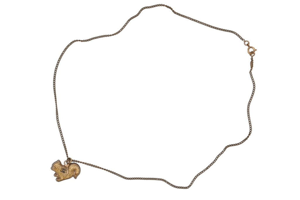 Chanel CC Logo Squirrel Animal Necklace Glitter Gold Plated Yellow