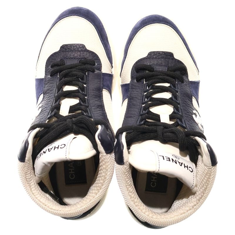 Chanel Coco Mark Fabric Leather High Cut Sneakers White Black — view 4