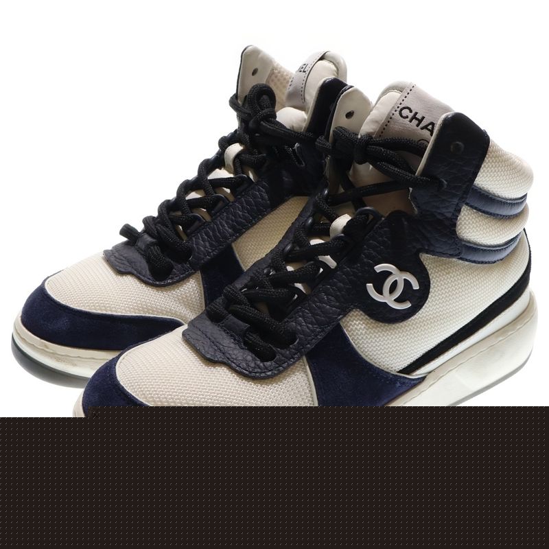 Chanel Coco Mark Fabric Leather High Cut Sneakers White Black — view 3