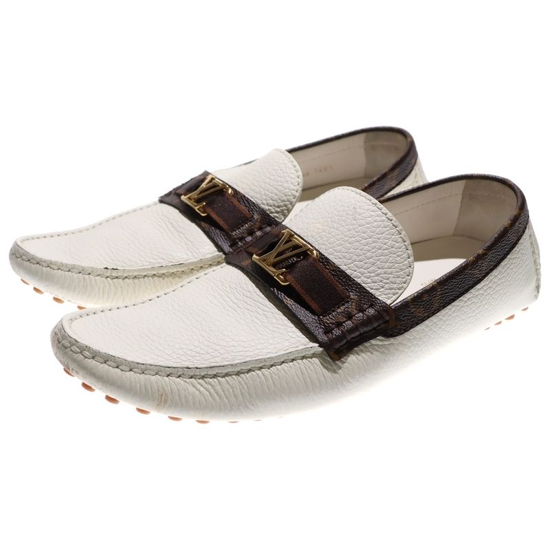 Louis Vuitton Monogram Logo Leather Loafers Driving Shoes White Brown — view 2