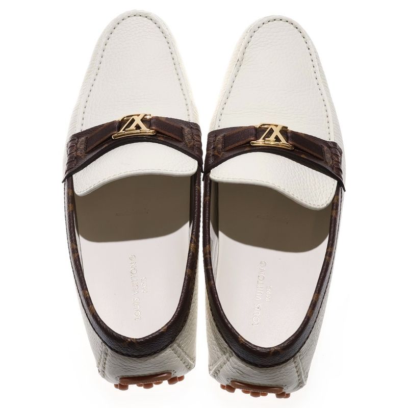 Louis Vuitton Monogram Logo Leather Loafers Driving Shoes White Brown — view 4