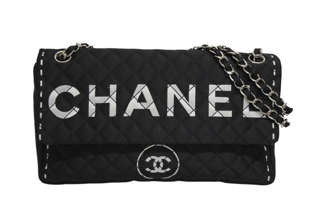 Chanel Quilted Jumbo CC Logo Chain Shoulder Bag Single Flap Black White Silver