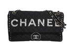 Chanel Quilted Jumbo CC Logo Chain Shoulder Bag Single Flap Black White Silver