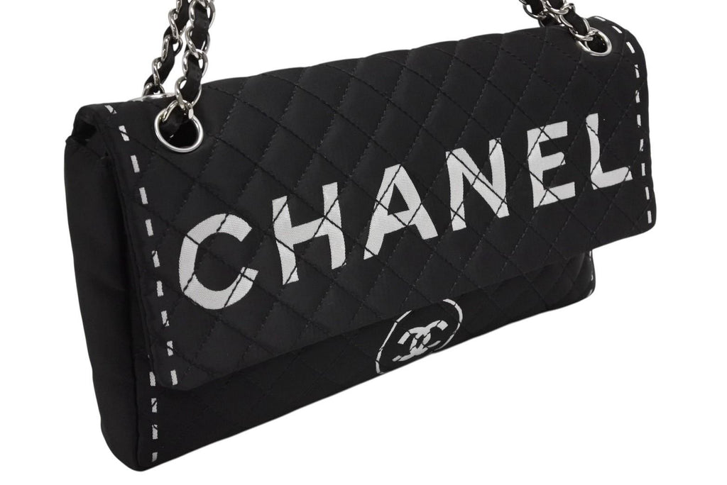 Chanel Quilted Jumbo CC Logo Chain Shoulder Bag Single Flap Black White Silver — view 3