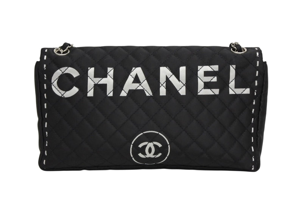 Chanel Quilted Jumbo CC Logo Chain Shoulder Bag Single Flap Black White Silver — view 2