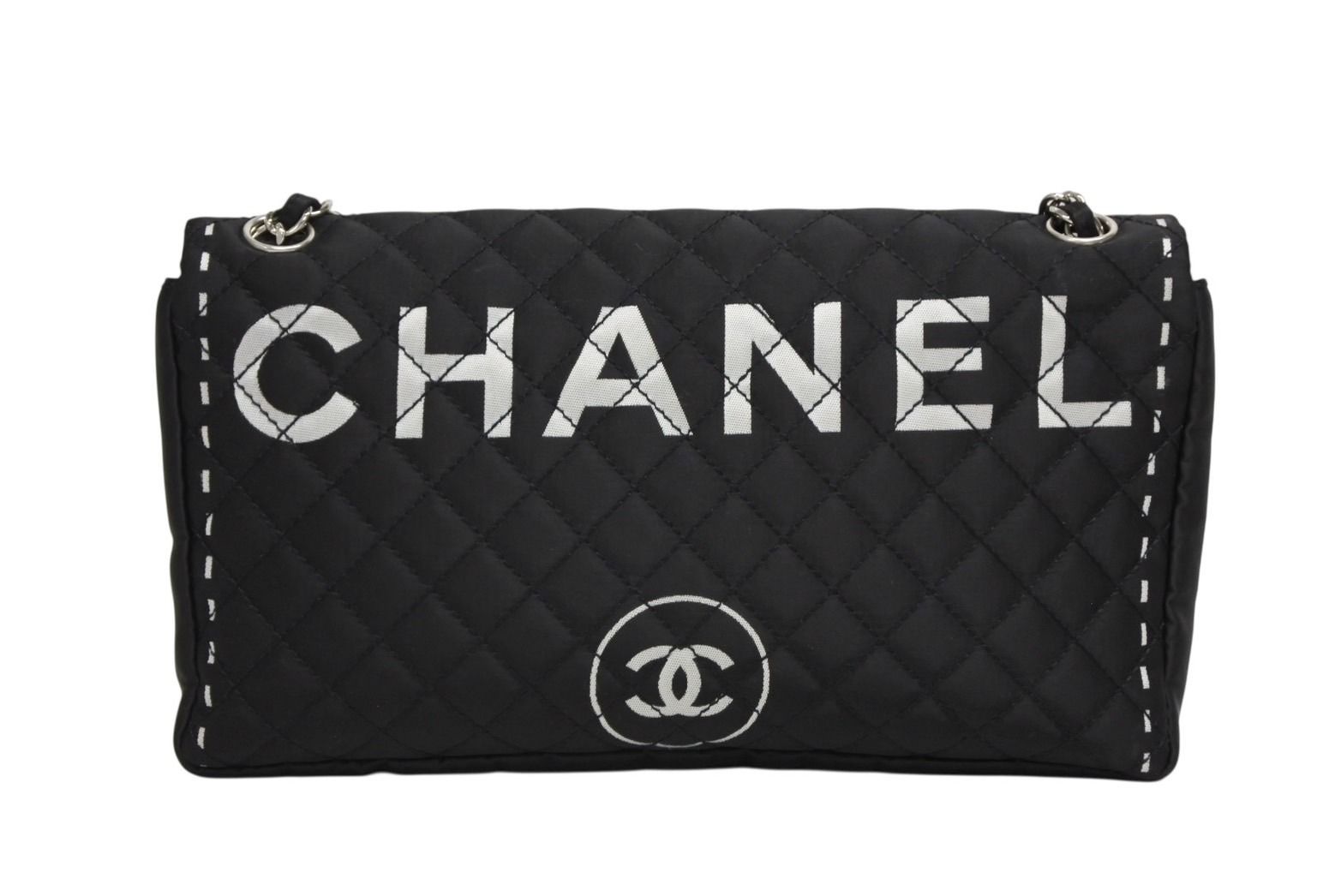Chanel Quilted Jumbo CC Logo Chain Shoulder Bag Single Flap Black White Silver — view 2