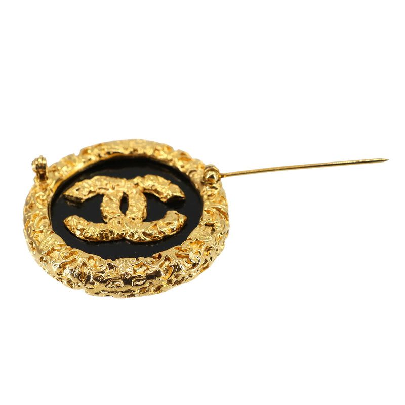 Chanel Coco Mark Brooch Round Shape Gold Black 93 A Accessory Vintage — view 6